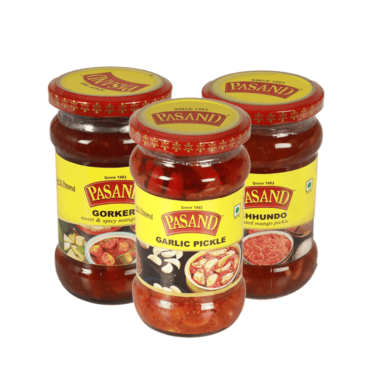 Pasand Gorkeri (sweet & spicy mango pickle) (340 g) + Pasand Garlic Pickle (lehsun pickle) (280 g) + Pasand Chhundo pickle (grated mango pickle) (350 g)